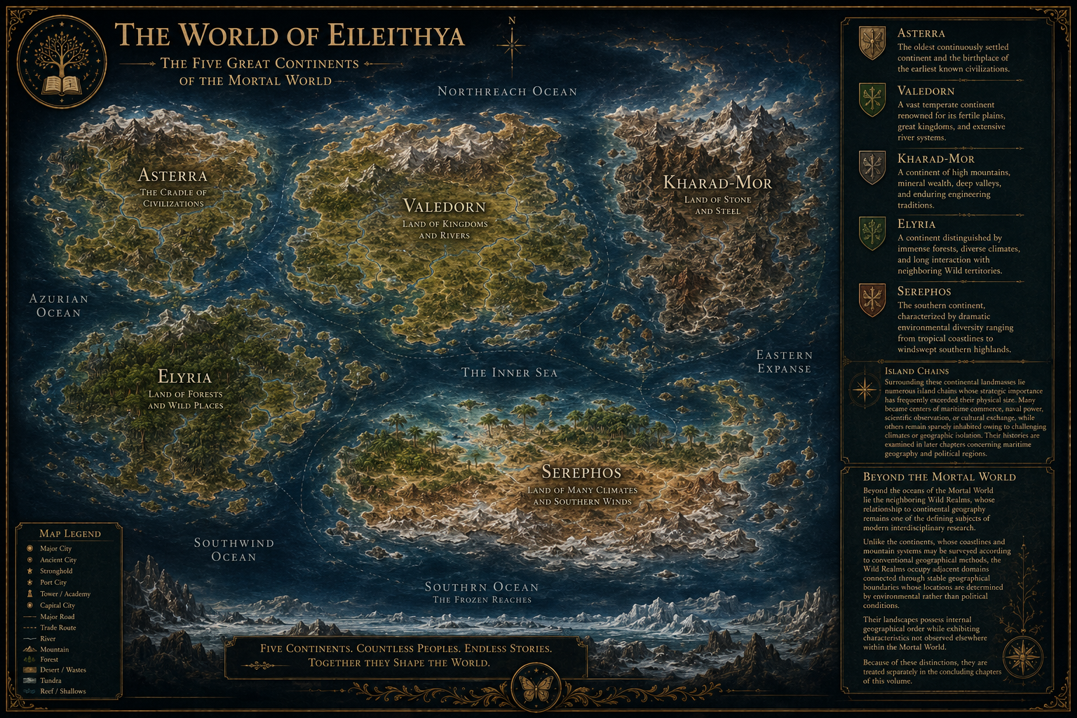 The World of Eileithya — the five great continents of the mortal world